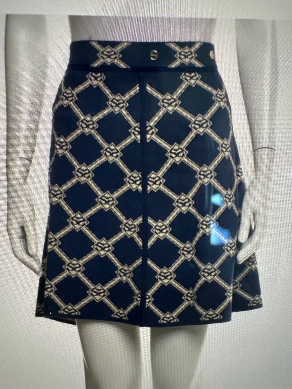 Sandro Navy A-Line Skirt with Cream Lattice Pattern